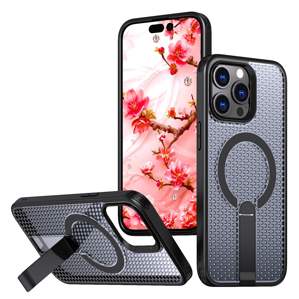 For iPhone 13 Pro Max Magnetic Case Kickstand Grid Texture TPU PC Phone Back Cover