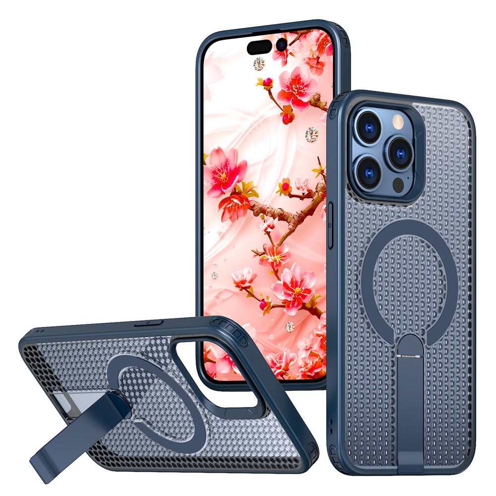 For iPhone 13 Pro Max Magnetic Case Kickstand Grid Texture TPU PC Phone Back Cover