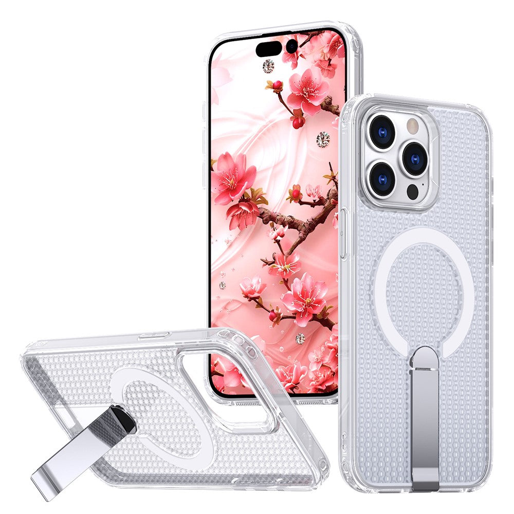 For iPhone 13 Pro Max Magnetic Case Kickstand Grid Texture TPU PC Phone Back Cover