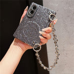 For Samsung Galaxy Z Fold8 Magnetic Case Sparkling Sequin Phone Cover with Crystal Hand Chain