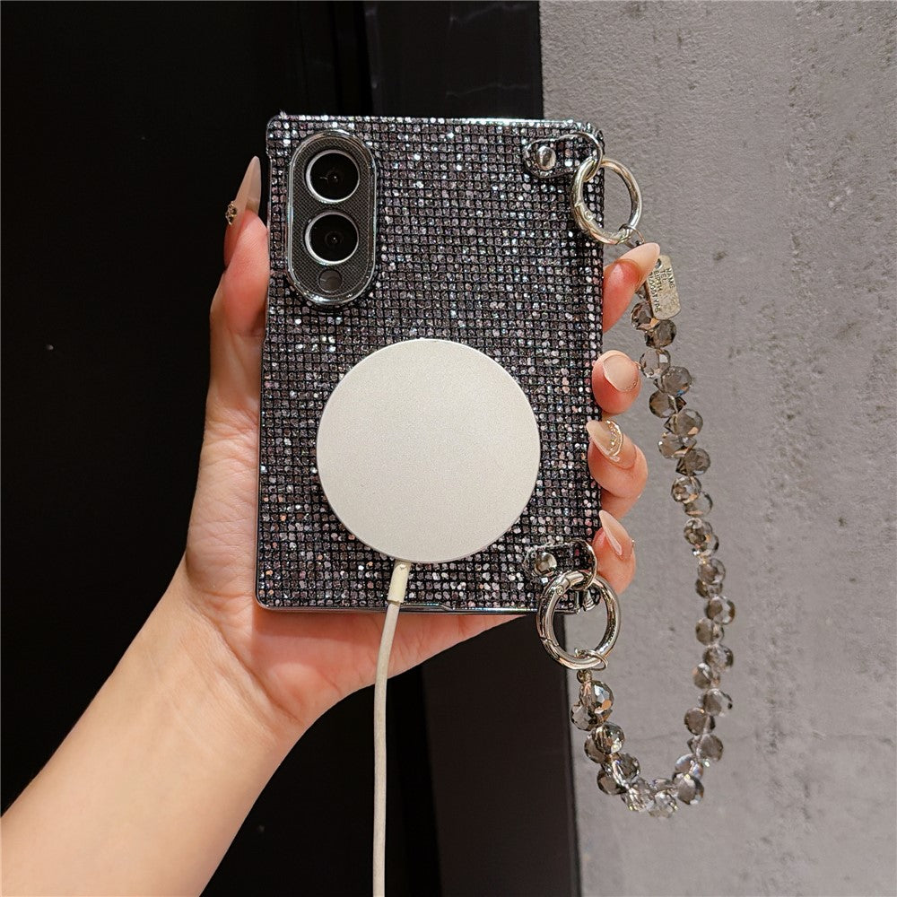 For Samsung Galaxy Z Fold8 Magnetic Case Sparkling Sequin Phone Cover with Crystal Hand Chain