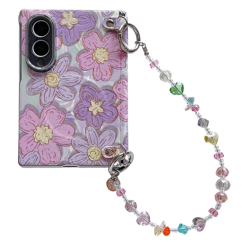 For Samsung Galaxy Z Fold8 Magnetic Case Gold Foil Floral Pattern PC Phone Cover with Crystal Hand Strap