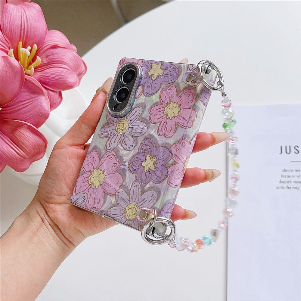For Samsung Galaxy Z Fold8 Magnetic Case Gold Foil Floral Pattern PC Phone Cover with Crystal Hand Strap