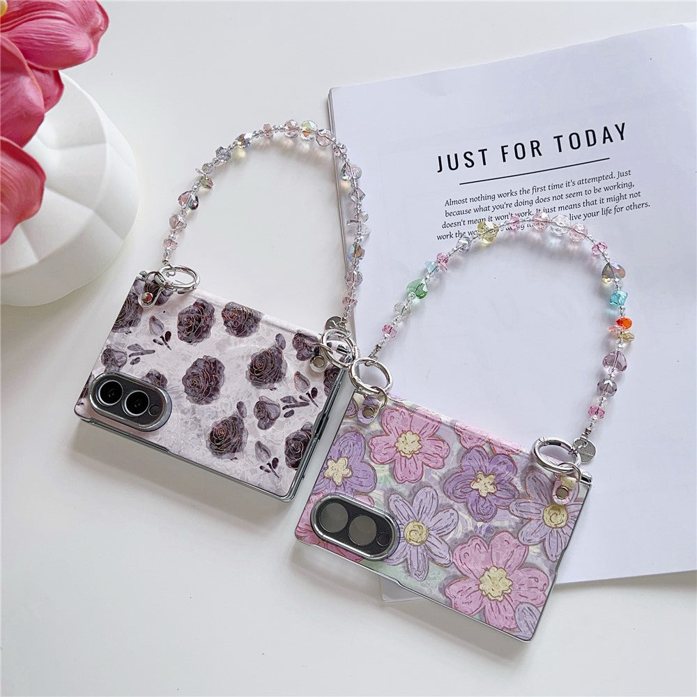 For Samsung Galaxy Z Fold8 Magnetic Case Gold Foil Floral Pattern PC Phone Cover with Crystal Hand Strap