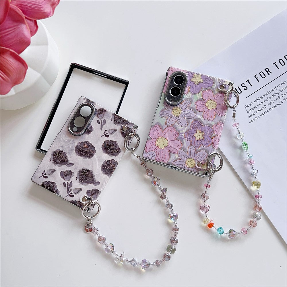 For Samsung Galaxy Z Fold8 Magnetic Case Gold Foil Floral Pattern PC Phone Cover with Crystal Hand Strap