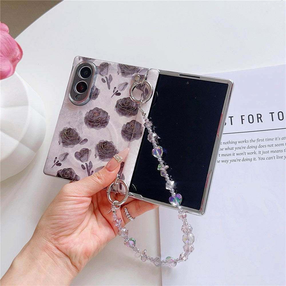 For Samsung Galaxy Z Fold8 Magnetic Case Gold Foil Floral Pattern PC Phone Cover with Crystal Hand Strap