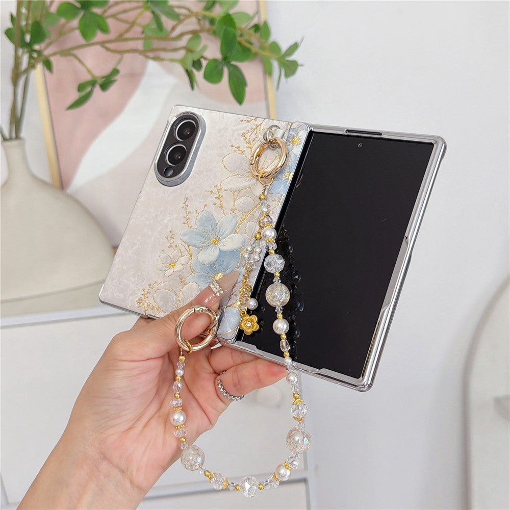 Til Samsung Galaxy Z Fold8 Magnetisk Etui Guld Folie Blæk Vask Blomstermønster PC Telefoncover med Perlerem