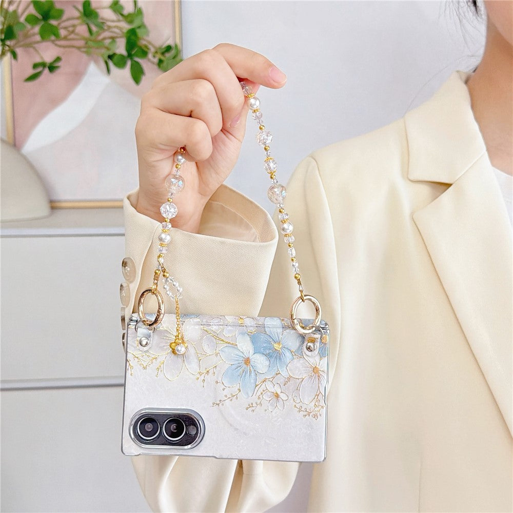 Til Samsung Galaxy Z Fold8 Magnetisk Etui Guld Folie Blæk Vask Blomstermønster PC Telefoncover med Perlerem