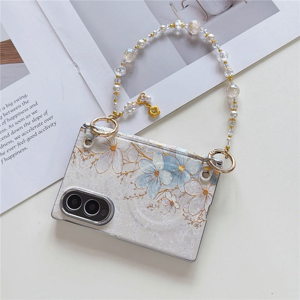 Til Samsung Galaxy Z Fold8 Magnetisk Etui Guld Folie Blæk Vask Blomstermønster PC Telefoncover med Perlerem