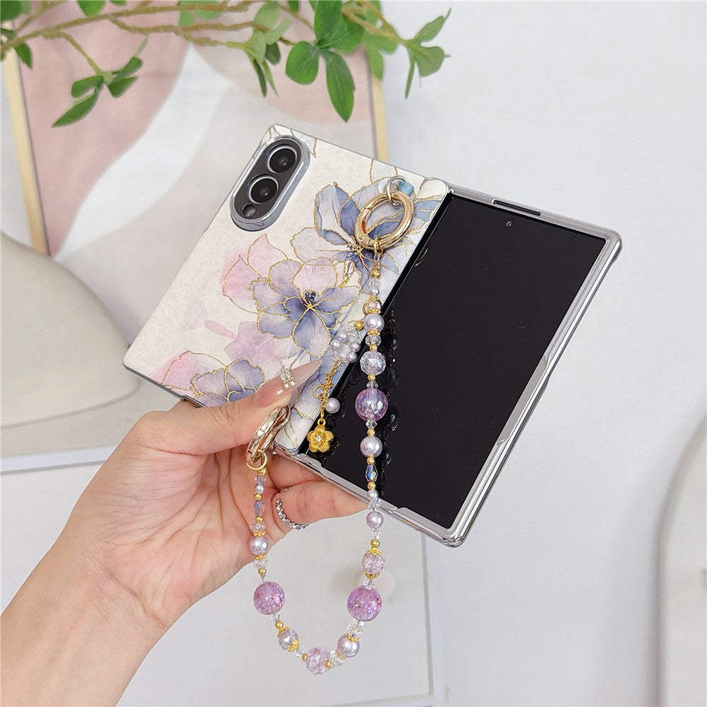 Til Samsung Galaxy Z Fold8 Magnetisk Etui Guld Folie Blæk Vask Blomstermønster PC Telefoncover med Perlerem
