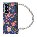 For Samsung Galaxy Z Fold8 Ultra Case Floral Pattern Fabric Texture Dual Hinge Protection Phone Cover with Pearl Hand Strap