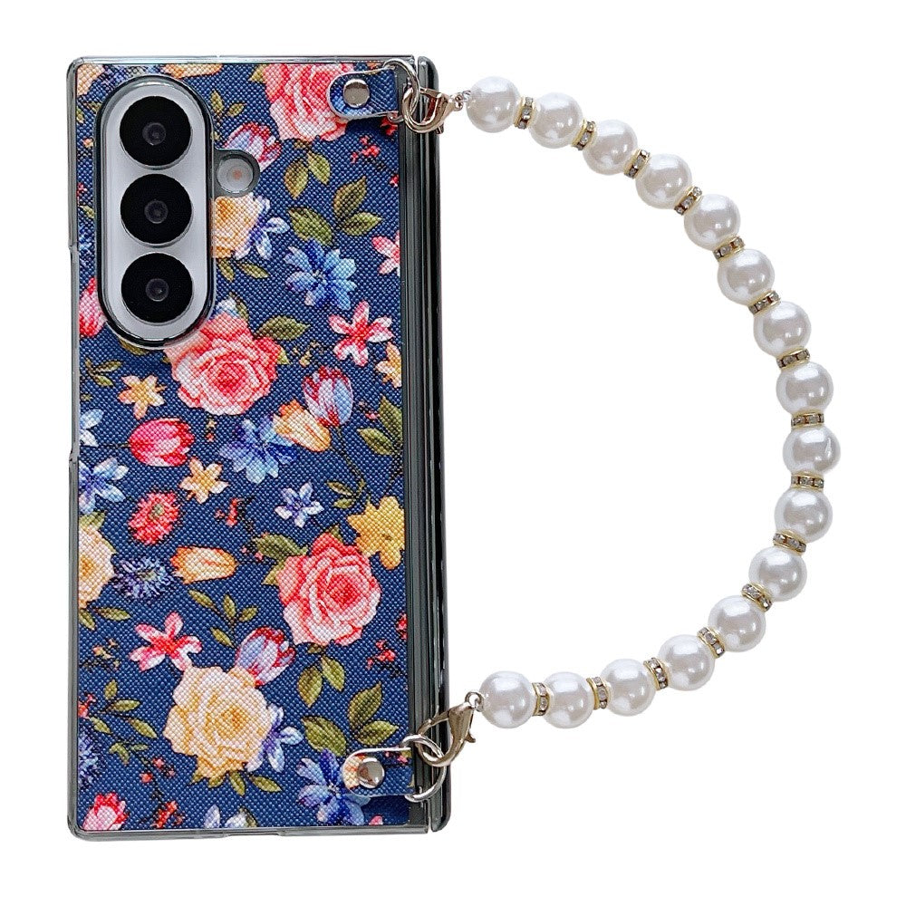 For Samsung Galaxy Z Fold8 Ultra Case Floral Pattern Fabric Texture Dual Hinge Protection Phone Cover with Pearl Hand Strap