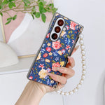 For Samsung Galaxy Z Fold8 Ultra Case Floral Pattern Fabric Texture Dual Hinge Protection Phone Cover with Pearl Hand Strap