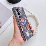 For Samsung Galaxy Z Fold8 Ultra Case Floral Pattern Fabric Texture Dual Hinge Protection Phone Cover with Pearl Hand Strap