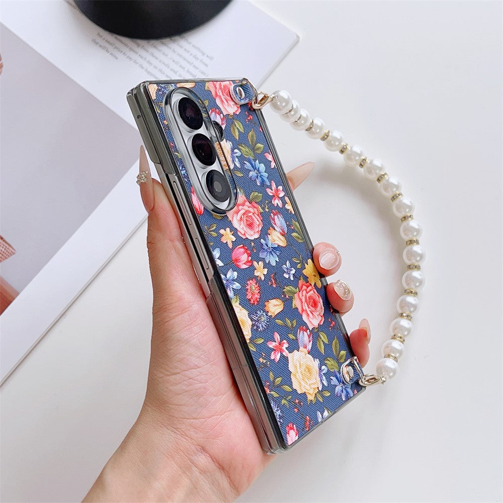 For Samsung Galaxy Z Fold8 Ultra Case Floral Pattern Fabric Texture Dual Hinge Protection Phone Cover with Pearl Hand Strap