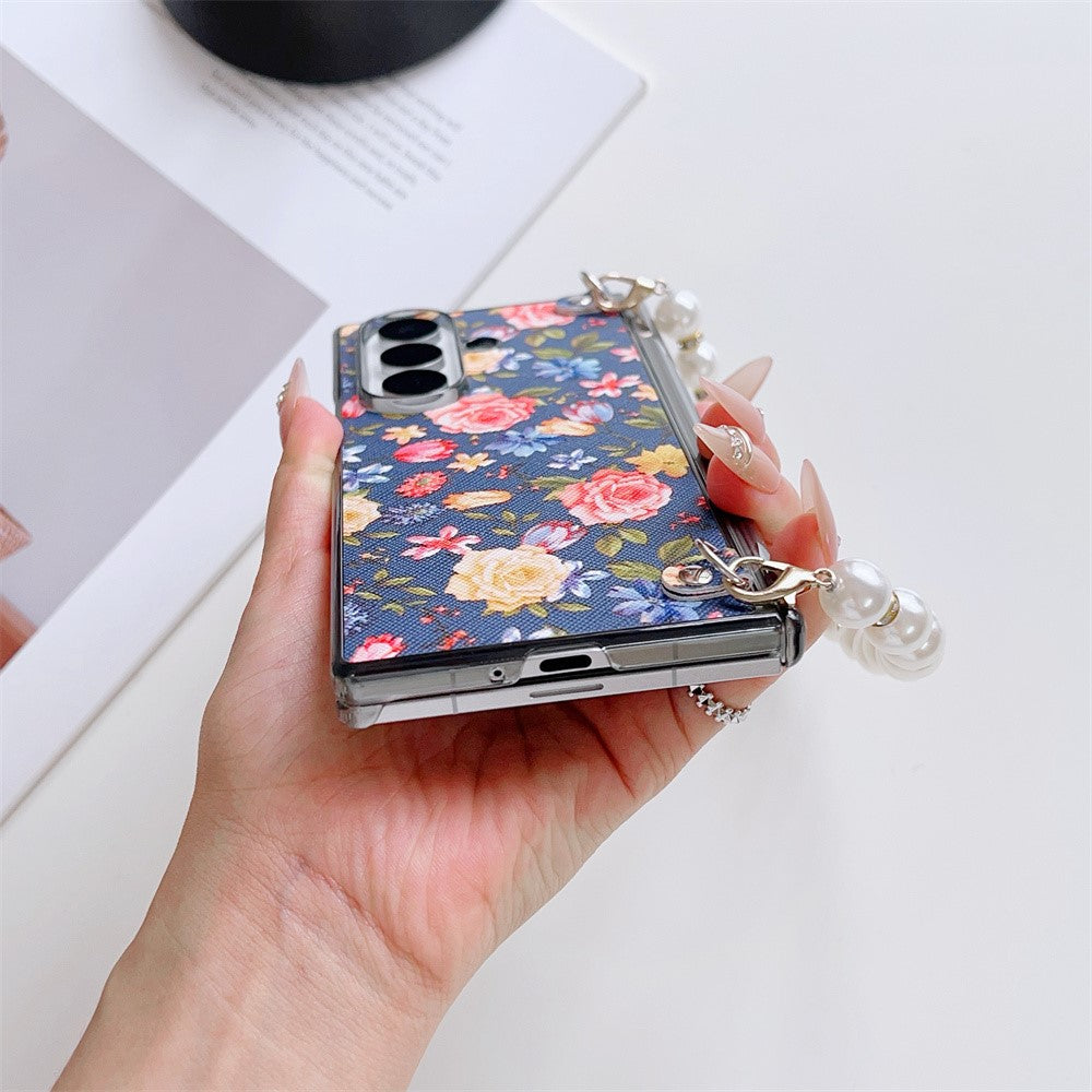For Samsung Galaxy Z Fold8 Ultra Case Floral Pattern Fabric Texture Dual Hinge Protection Phone Cover with Pearl Hand Strap