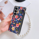 For Samsung Galaxy Z Fold8 Ultra Case Floral Pattern Fabric Texture Dual Hinge Protection Phone Cover with Pearl Hand Strap