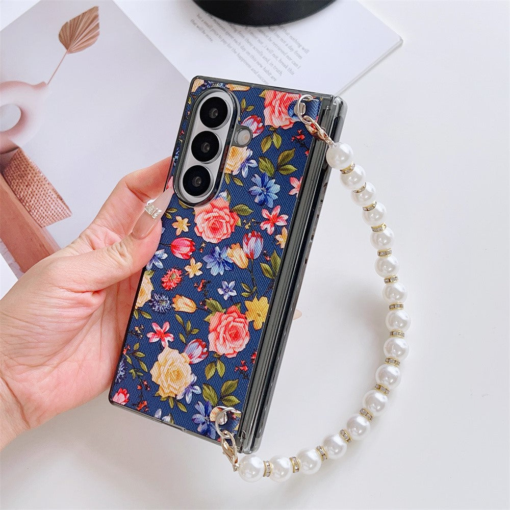 For Samsung Galaxy Z Fold8 Ultra Case Floral Pattern Fabric Texture Dual Hinge Protection Phone Cover with Pearl Hand Strap