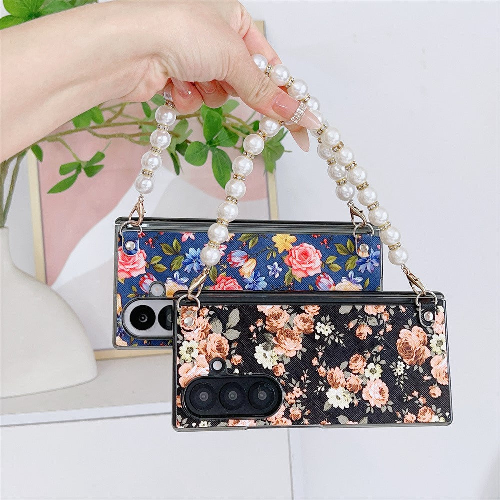 For Samsung Galaxy Z Fold8 Ultra Case Floral Pattern Fabric Texture Dual Hinge Protection Phone Cover with Pearl Hand Strap