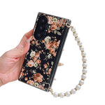 For Samsung Galaxy Z Fold8 Ultra Case Floral Pattern Fabric Texture Dual Hinge Protection Phone Cover with Pearl Hand Strap