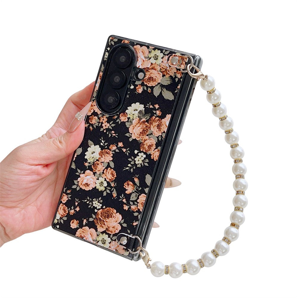 For Samsung Galaxy Z Fold8 Ultra Case Floral Pattern Fabric Texture Dual Hinge Protection Phone Cover with Pearl Hand Strap