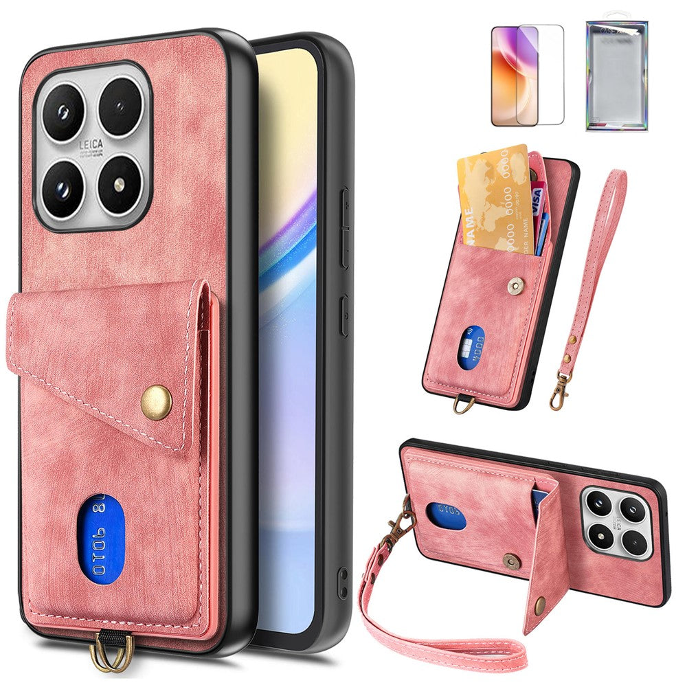 Xiaomi 17-skal med skärmskydd i härdat glas, korthållare, retro bakstycke i PU-läder