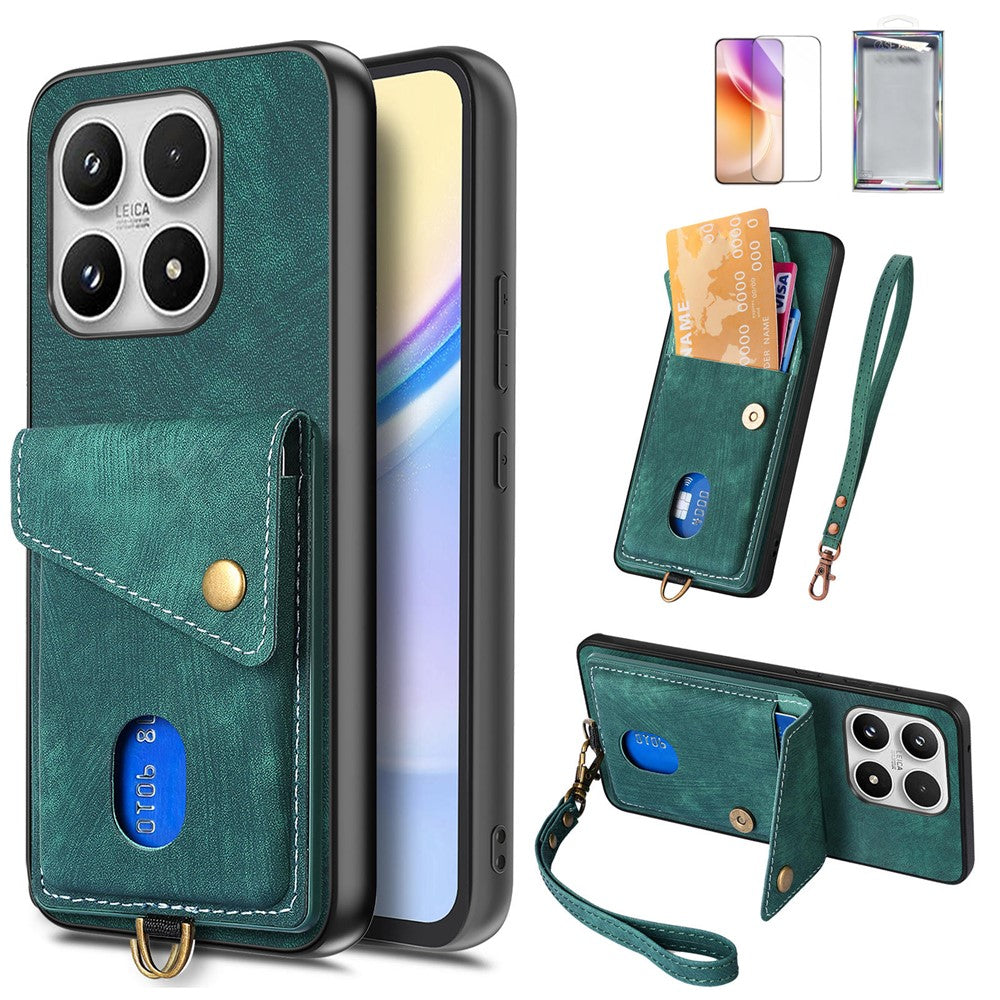 For Xiaomi 17 Case with Tempered Glass Screen Protector Card Holder Retro PU Leather Phone Back Cover