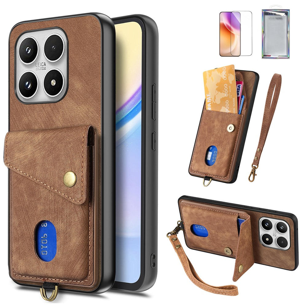 For Xiaomi 17 Case with Tempered Glass Screen Protector Card Holder Retro PU Leather Phone Back Cover