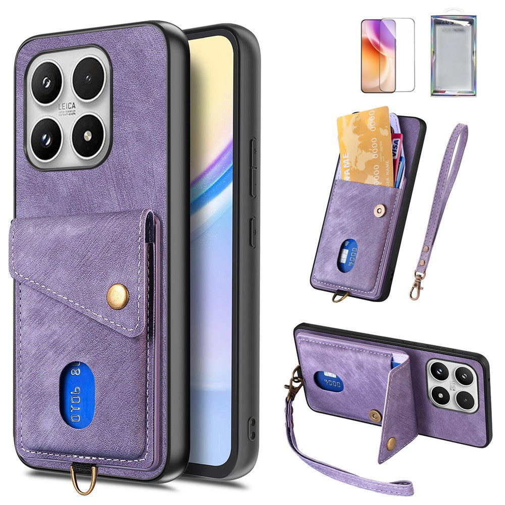 For Xiaomi 17 Case with Tempered Glass Screen Protector Card Holder Retro PU Leather Phone Back Cover