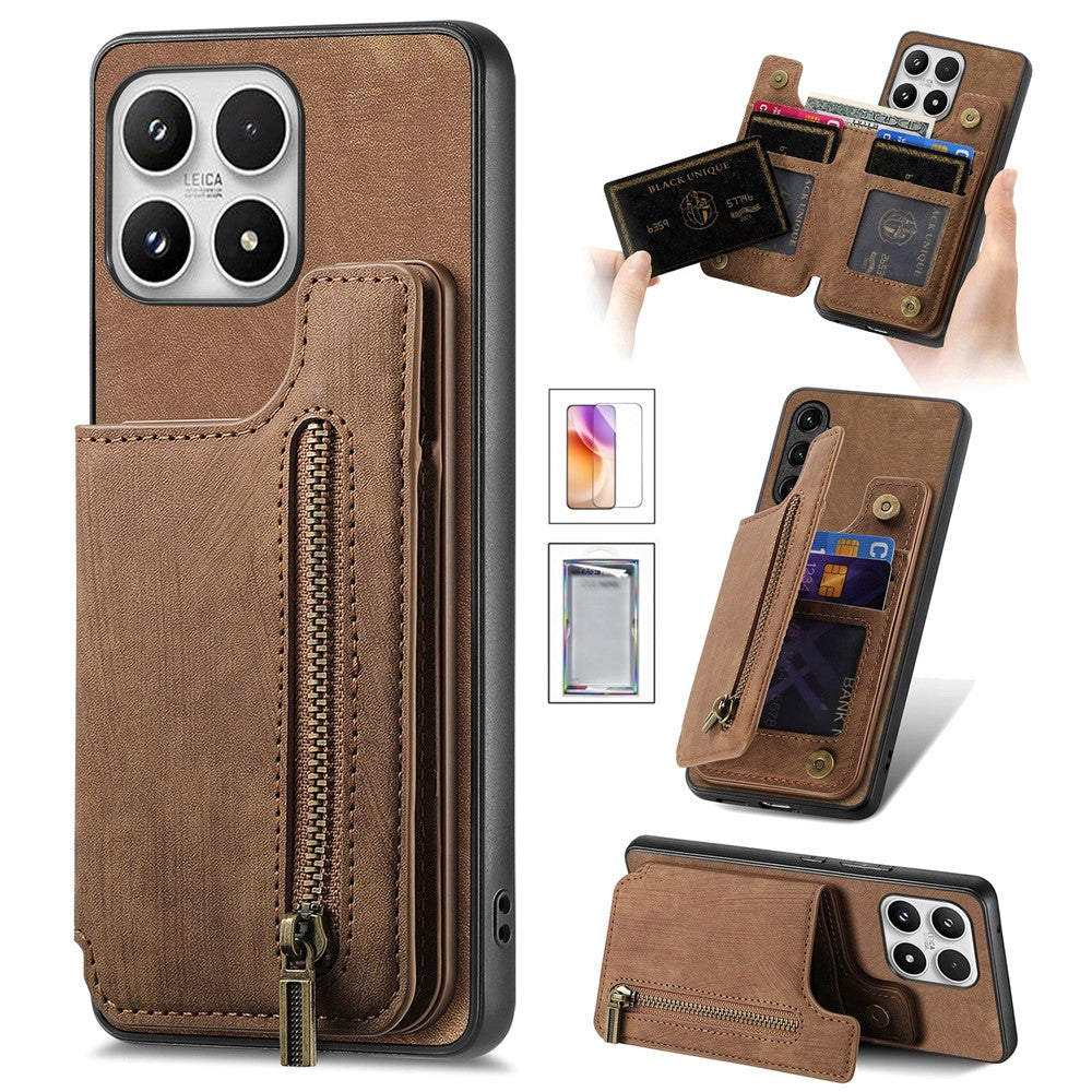 For Xiaomi 17 Case with Tempered Glass Screen Protector Vintage Zipper Card Holder Kickstand PU Leather Phone Back Cover