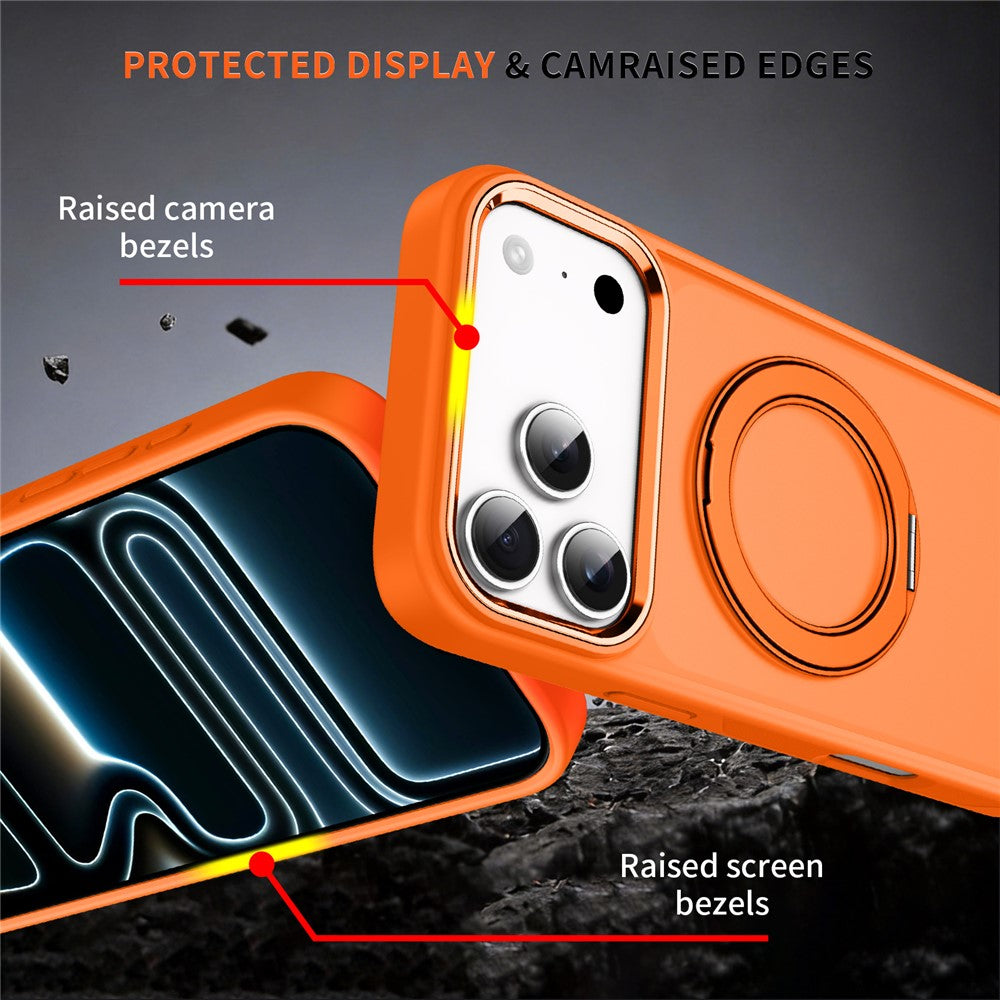 For iPhone 18 Pro / 17 Pro Magnetic Case 360° Rotatable Ring Kickstand Frosted PC + TPU Phone Cover