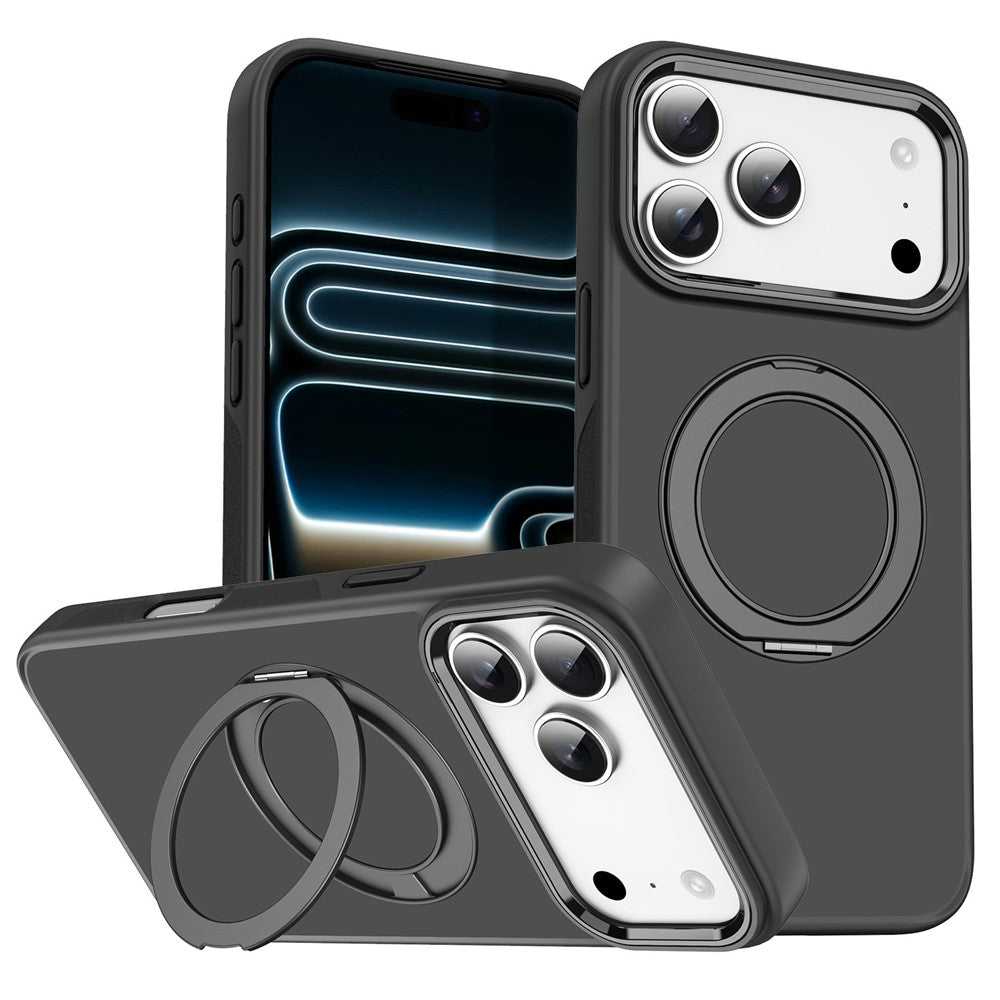 For iPhone 18 Pro / 17 Pro Magnetic Case 360° Rotatable Ring Kickstand Frosted PC + TPU Phone Cover