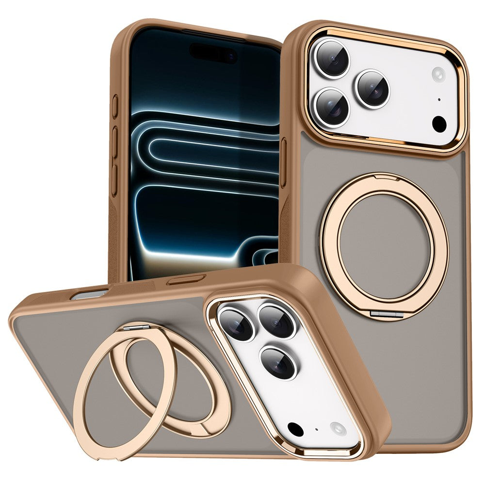 For iPhone 18 Pro / 17 Pro Magnetic Case 360° Rotatable Ring Kickstand Frosted PC + TPU Phone Cover
