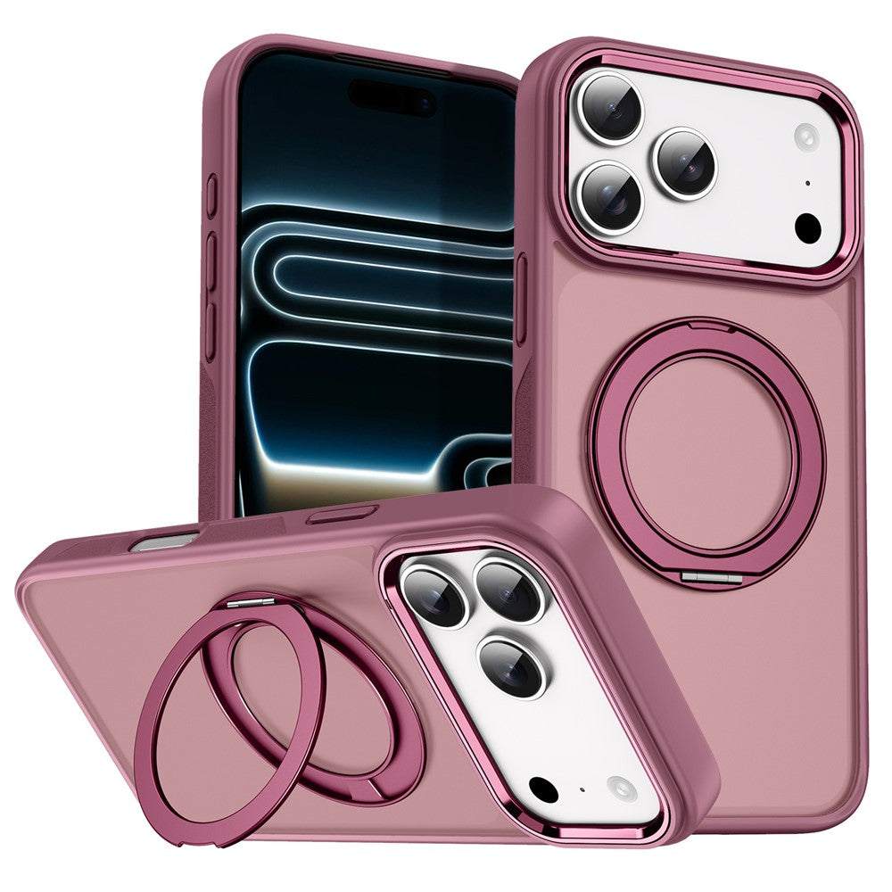 For iPhone 18 Pro / 17 Pro Magnetic Case 360° Rotatable Ring Kickstand Frosted PC + TPU Phone Cover