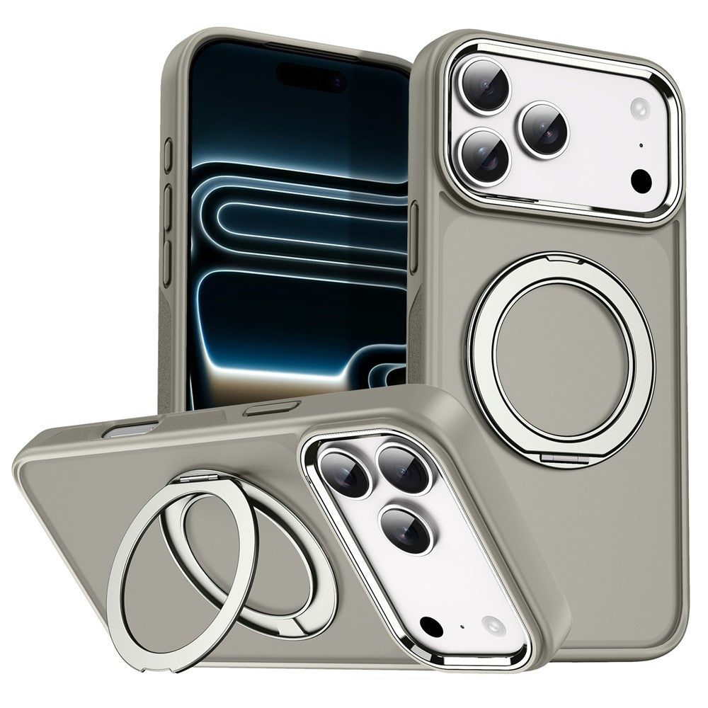 For iPhone 18 Pro / 17 Pro Magnetic Case 360° Rotatable Ring Kickstand Frosted PC + TPU Phone Cover