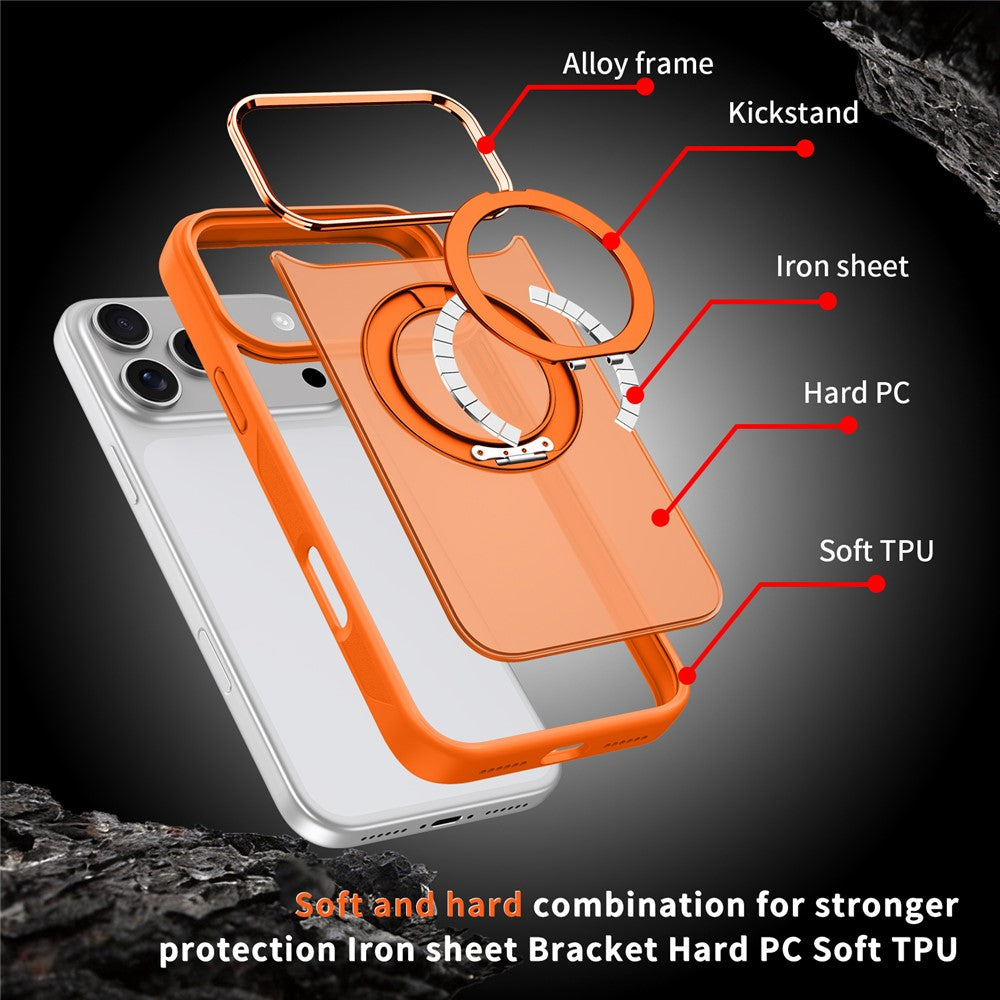 For iPhone 18 Pro Max / 17 Pro Max Magnetic Case 360° Rotatable Ring Kickstand Frosted PC + TPU Phone Cover