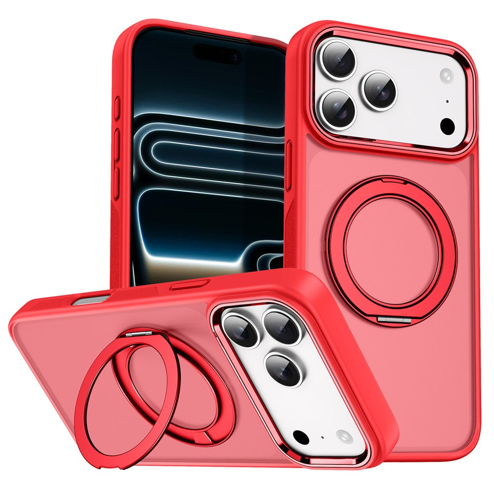 For iPhone 18 Pro Max / 17 Pro Max Magnetic Case 360° Rotatable Ring Kickstand Frosted PC + TPU Phone Cover