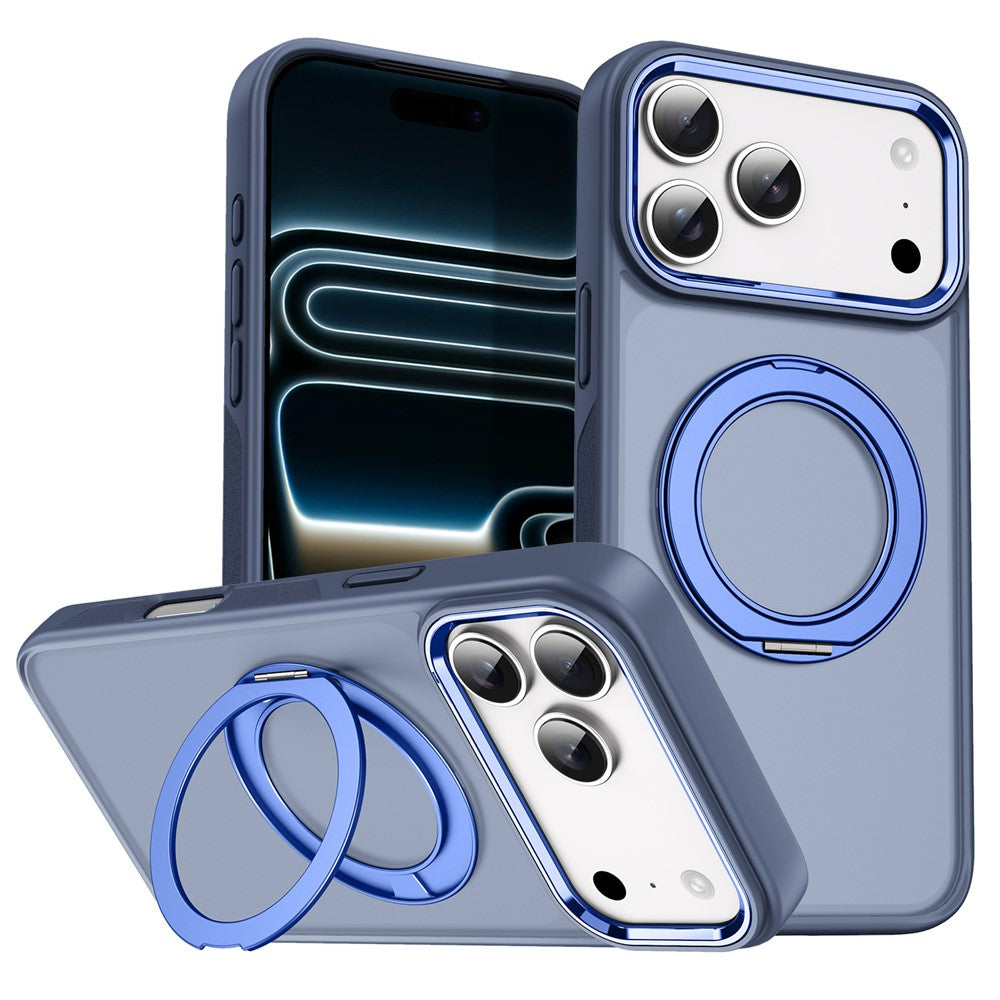 For iPhone 18 Pro Max / 17 Pro Max Magnetic Case 360° Rotatable Ring Kickstand Frosted PC + TPU Phone Cover