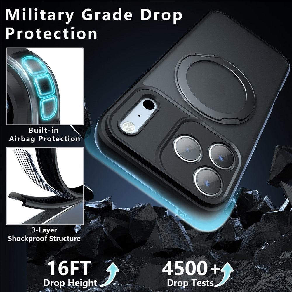 Til iPhone 18 Pro Max mat magnetisk skin-touch-cover med 360° roterende støttefod, stødsikker TPU + PC-telefoncover