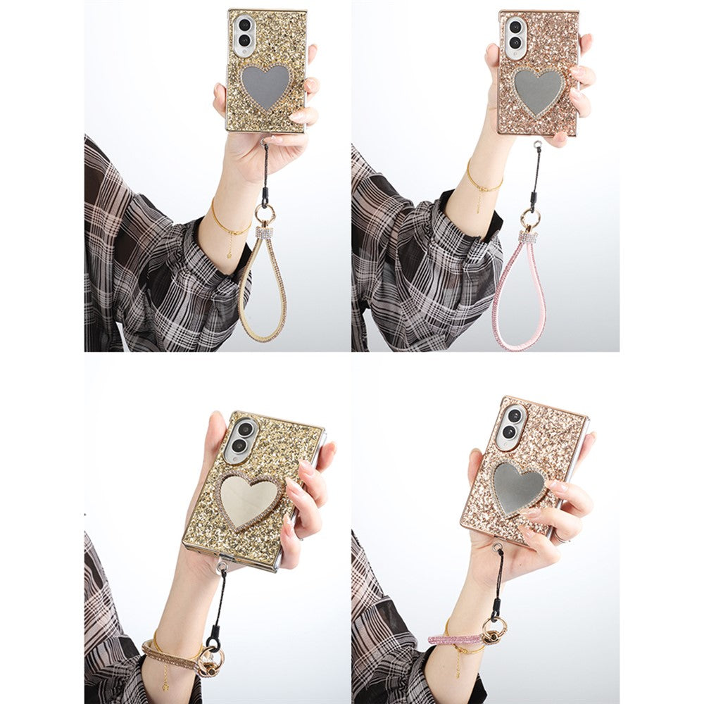 For Samsung Galaxy Z Fold8 Case with Strap, Mirror TPU + PC Sparkling Glitter Phone Back Cover