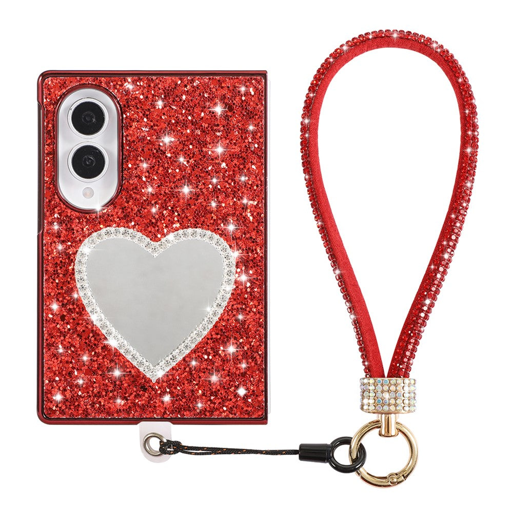 For Samsung Galaxy Z Fold8 Case with Strap, Mirror TPU + PC Sparkling Glitter Phone Back Cover
