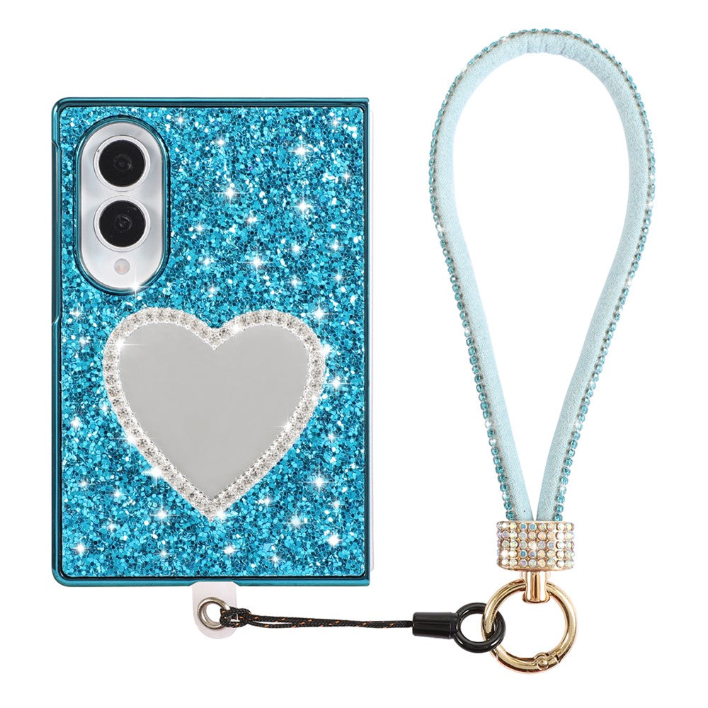 For Samsung Galaxy Z Fold8 Case with Strap, Mirror TPU + PC Sparkling Glitter Phone Back Cover