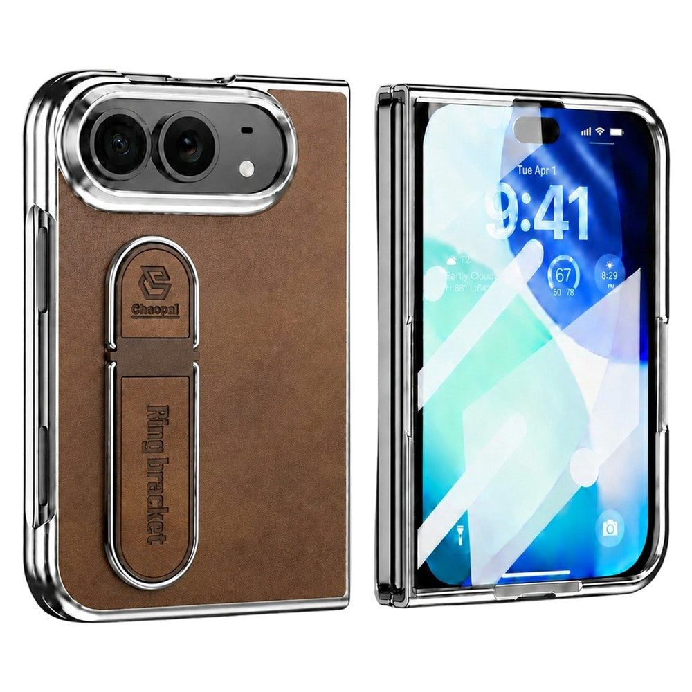 For iPhone Fold Case Kickstand Electroplated Frame PU Leather + PC Phone Cover with Screen Protector