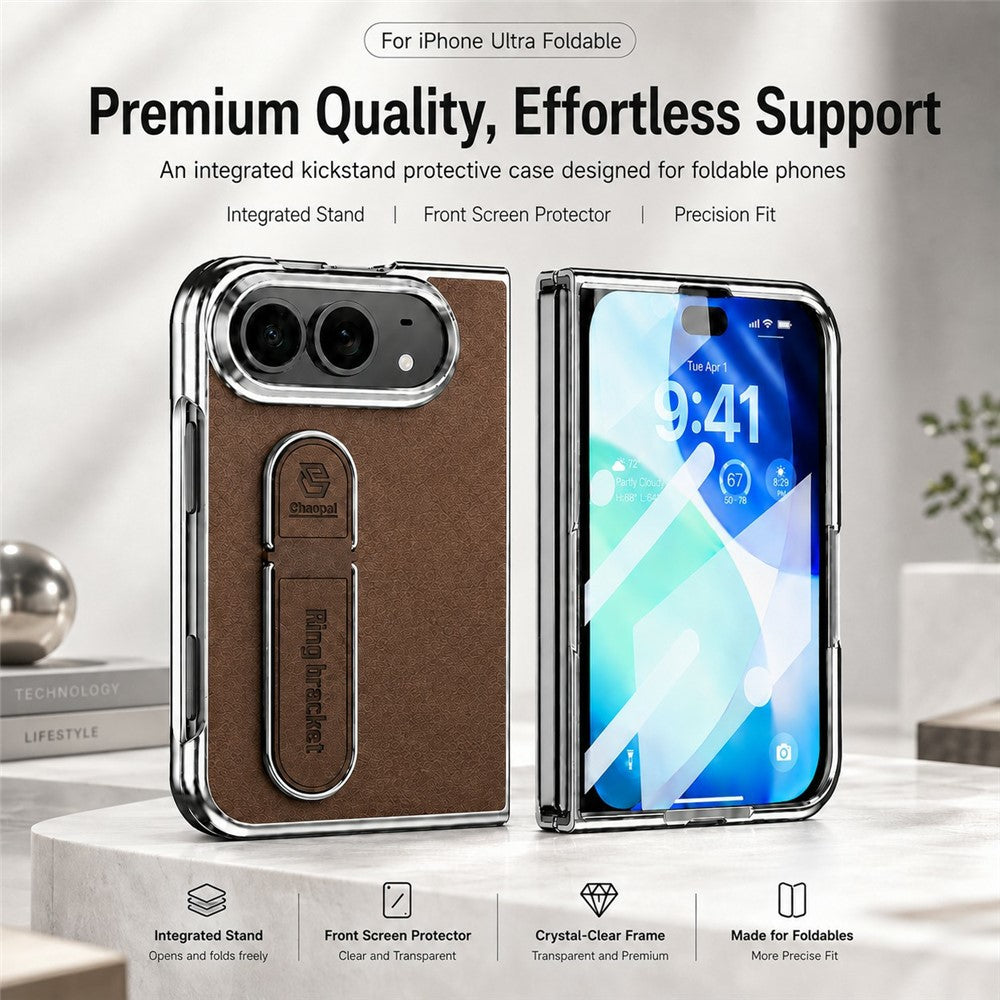 For iPhone Fold Case Kickstand Electroplated Frame PU Leather + PC Phone Cover with Screen Protector
