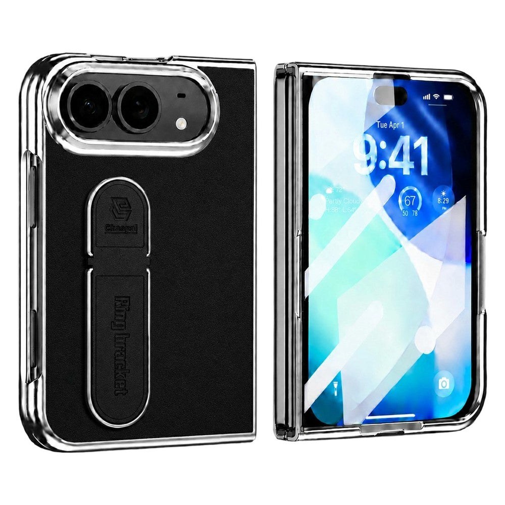 For iPhone Fold Case Kickstand Electroplated Frame PU Leather + PC Phone Cover with Screen Protector