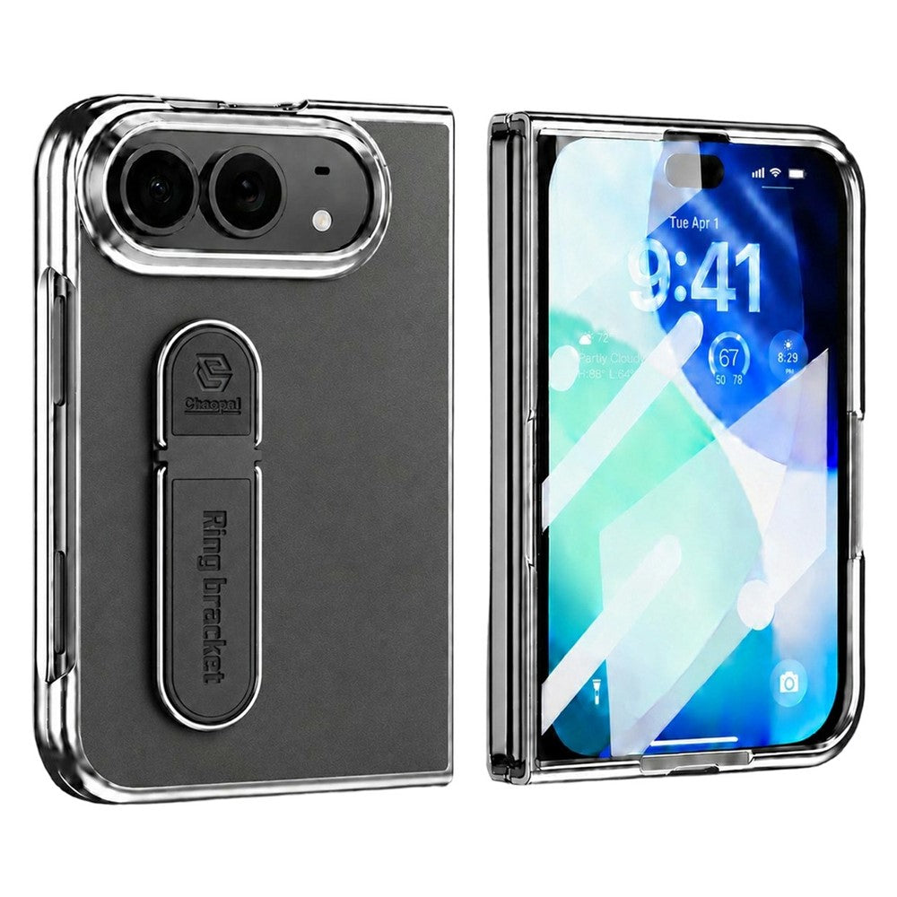 For iPhone Fold Case Kickstand Electroplated Frame PU Leather + PC Phone Cover with Screen Protector