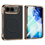 For iPhone Fold Magnetic Case Carbon Fiber Texture Leather + PC Electroplated Foldable Phone Cover with Screen Protector