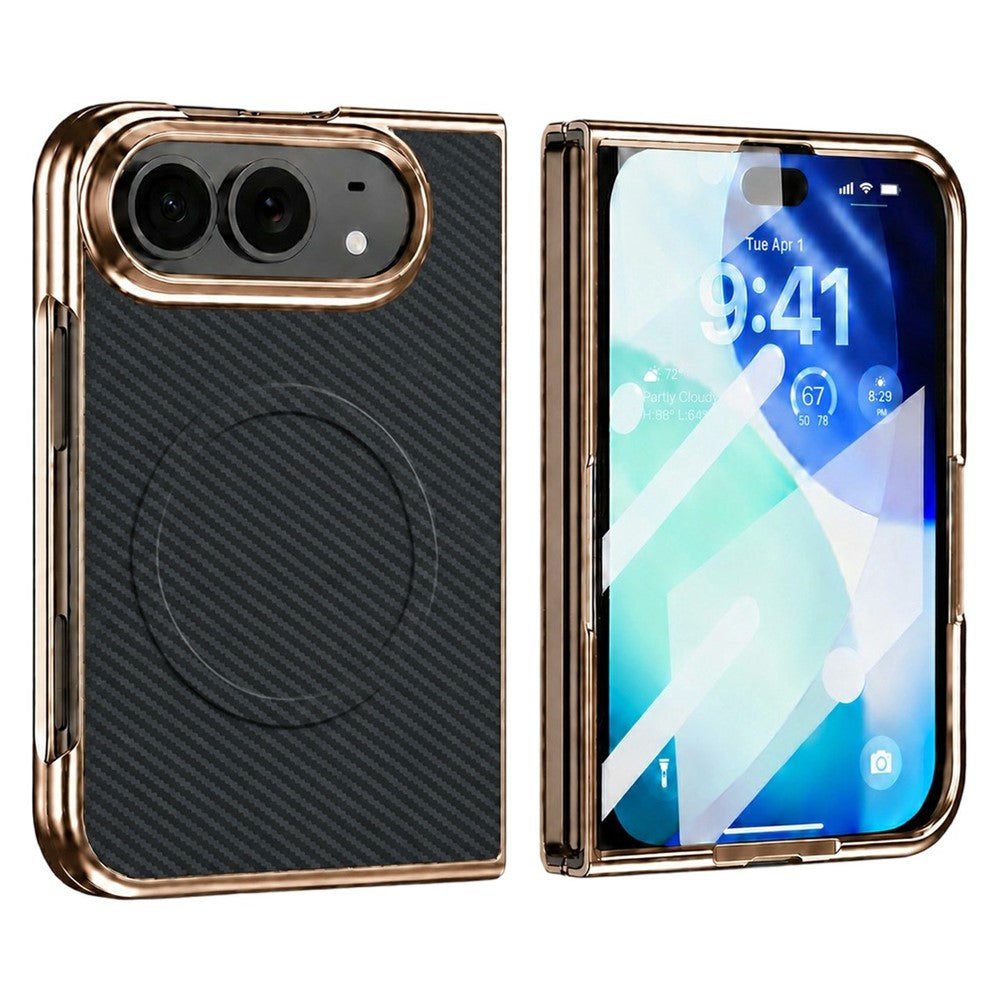 For iPhone Fold Magnetic Case Carbon Fiber Texture Leather + PC Electroplated Foldable Phone Cover with Screen Protector