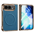 For iPhone Fold Magnetic Case Carbon Fiber Texture Leather + PC Electroplated Foldable Phone Cover with Screen Protector
