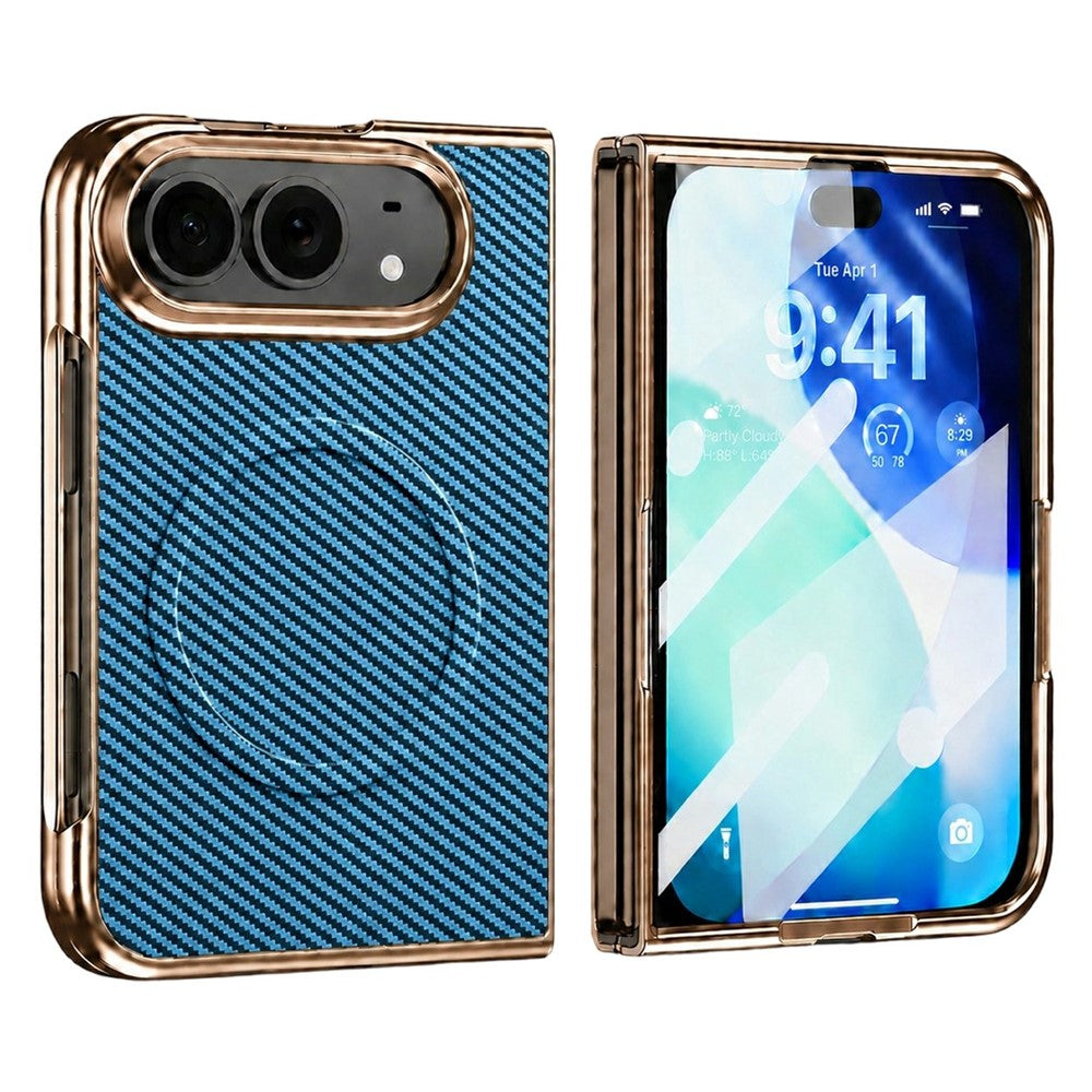 For iPhone Fold Magnetic Case Carbon Fiber Texture Leather + PC Electroplated Foldable Phone Cover with Screen Protector